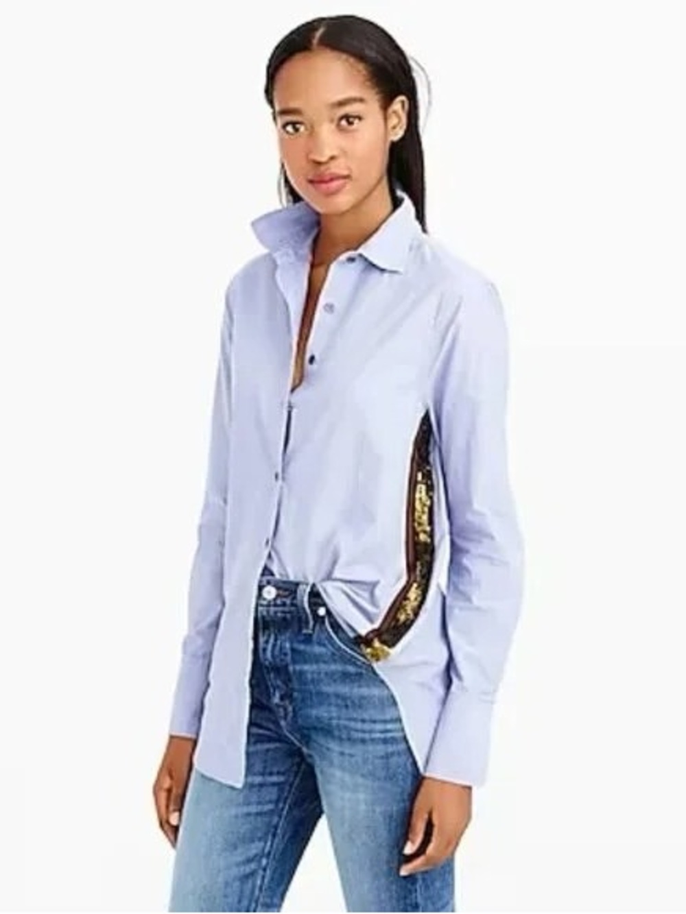 J. Crew Sequin Side Stripe Button Down Shirt Blue Poplin - Size 4